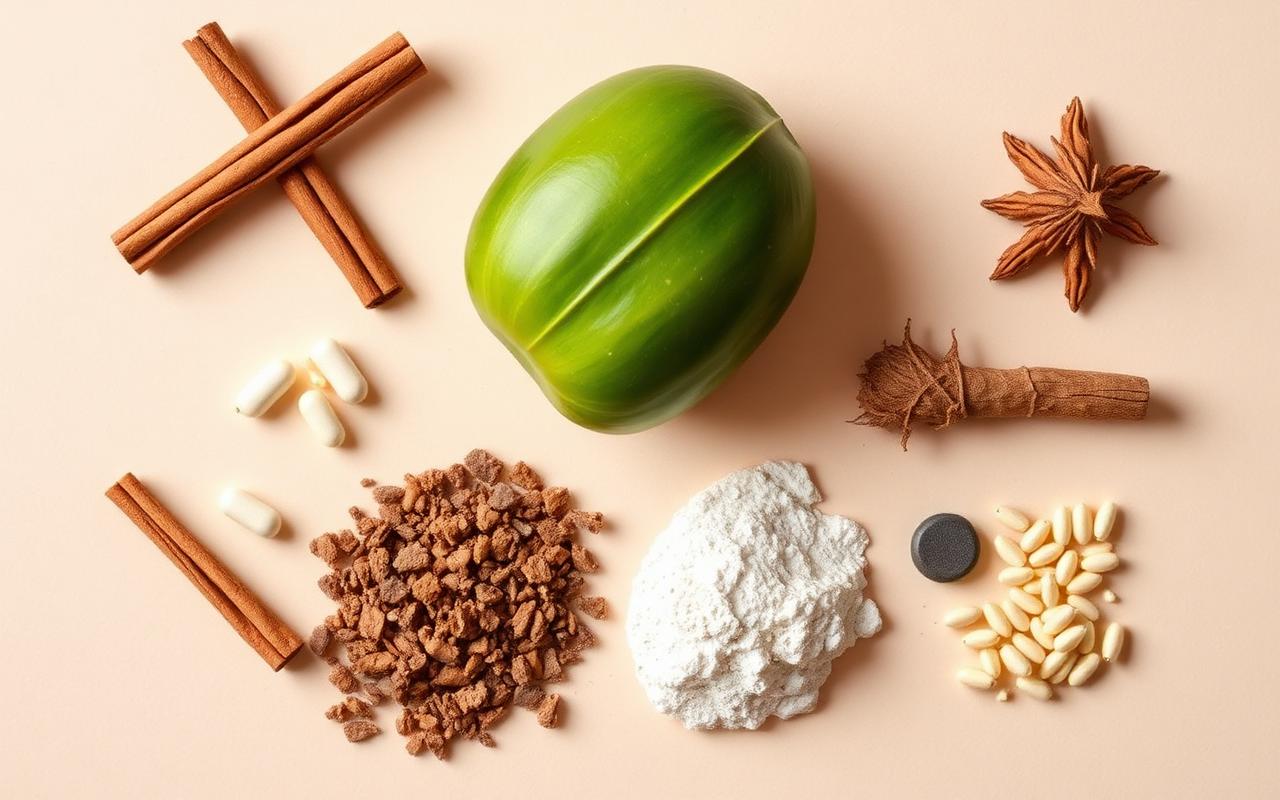 Cinnamon bark, bitter melon, berberine root and chromium laid out on a neutral surface