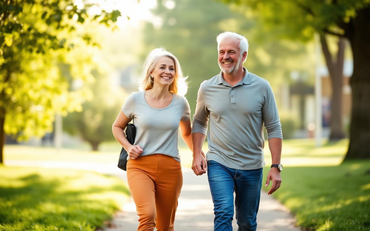 A couple walking outdoors in morning sunlight with steady energy